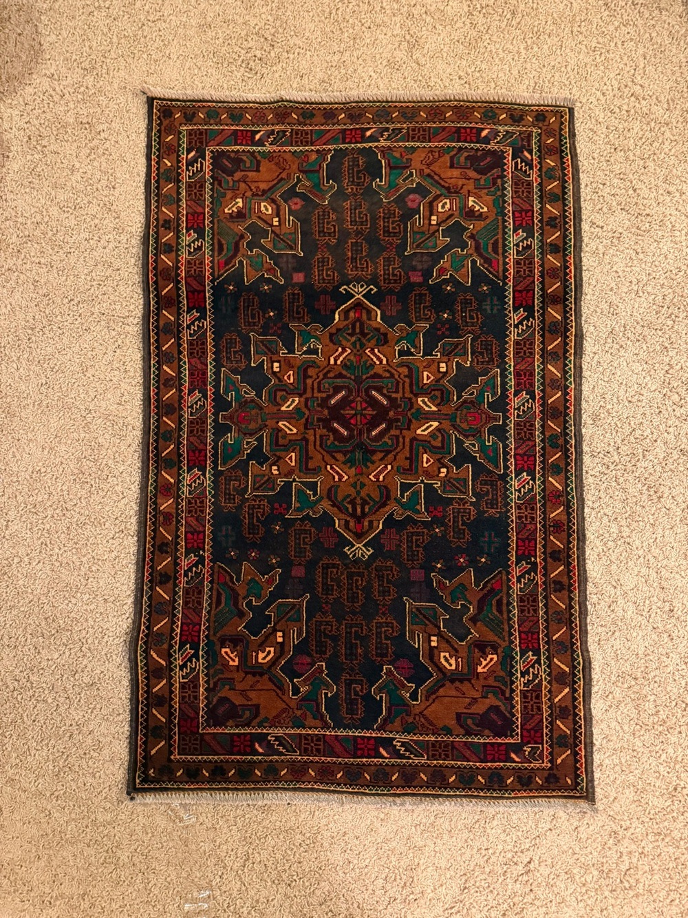 Handwoven Geometric Medallion Area Rug - Deep Navy & Brown